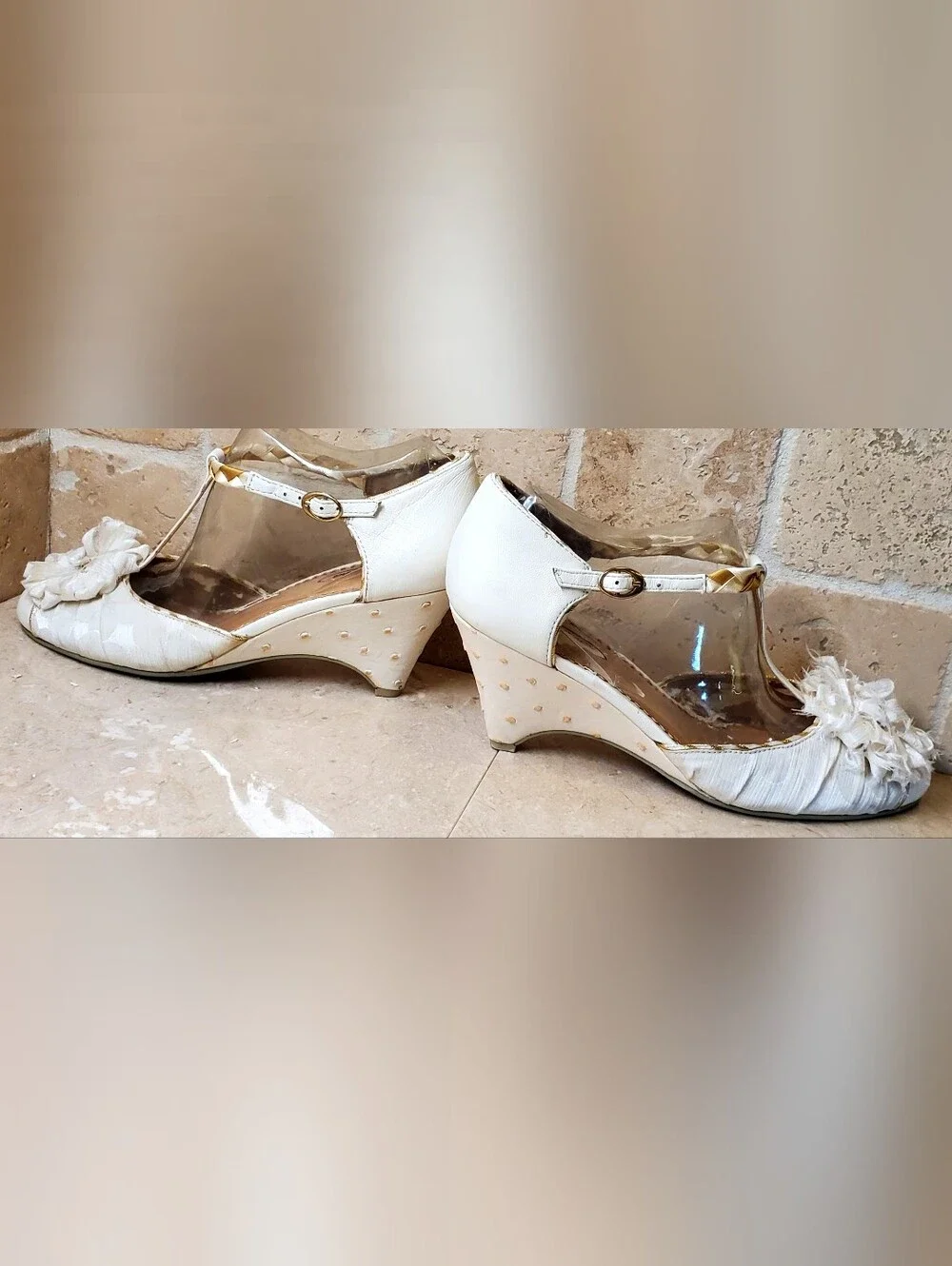 Cream Wedge Heels with Braided T-Strap and Flower Accent Sz 8 Great For Wedding